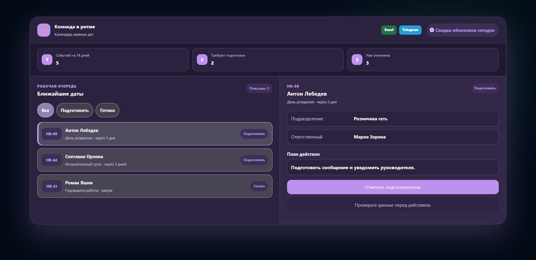 Демо-интерфейс: календарь ближайших кадровых событий